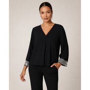 Alice + Olivia Black Silk Blend Blouse Size S Beaded Rhinestone Sleeve V Neck